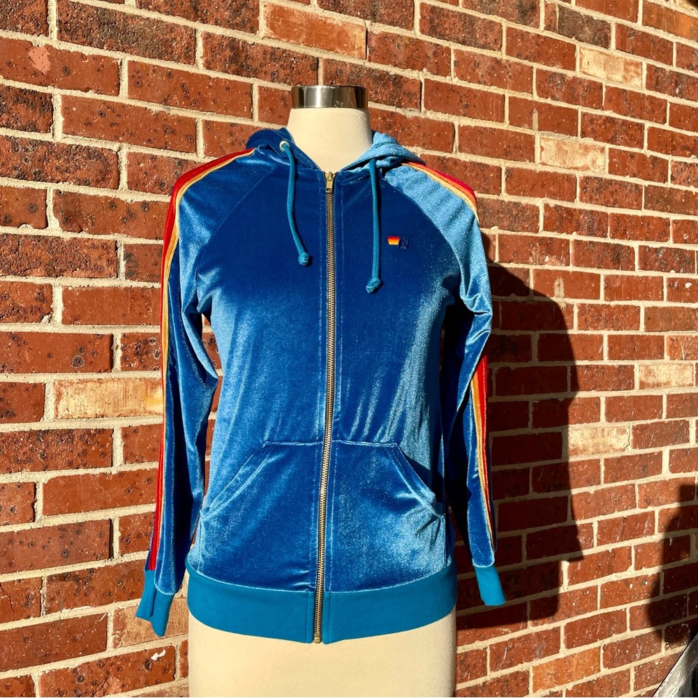 Aviator Nation Turquoise Velvet Full Zip Sweatshirt Hoodie Small Rainbow Stripes - Picture 3 of 13